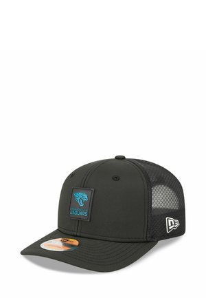 Casquette noire avec un design structuré, dos en mesh et un patch logo bleu des Jacksonville Jaguars à l'avant. Comprend une visière incurvée.