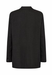 Schwarze Blazer aus einem strukturierten Stoff, lange Ärmel und mit Reverskragen. Besitzt einen geraden Schnitt und ein minimalistisches Rückendesign.