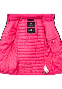 Bright pink, lightweight puffer jacket with a quilted design. Features an inner label and a zipped pocket on the left side. Smooth texture.