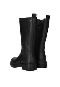 Zwarte leren kniehoge laarzen met een textuurafwerking, ronde neus en duurzame rubberen zool. Voorzien van een rits en een lus aan de achterkant.