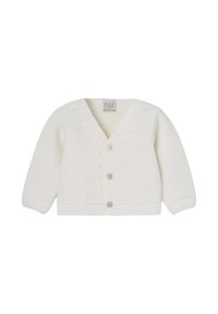 Cardigan bianco a maglia con scollo a V, maniche lunghe e tre bottoni. Presenta motivi a pallini texturizzati lungo la parte anteriore. Materiale morbido e leggero.