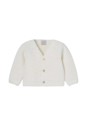Cardigan en tricot blanc avec un col en V, des manches longues et trois boutons. Présente des motifs en relief le long de l'avant. Matière douce et légère.