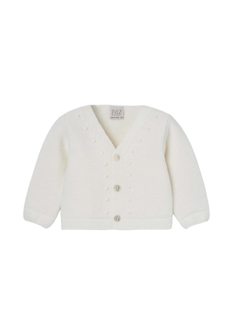 Cardigan bianco a maglia con scollo a V, maniche lunghe e tre bottoni. Presenta motivi a pallini texturizzati lungo la parte anteriore. Materiale morbido e leggero.