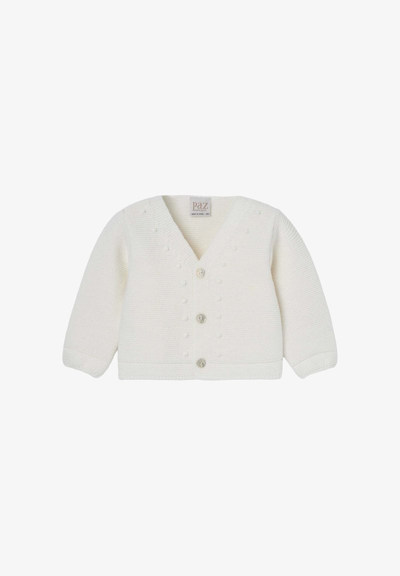 Cardigan en tricot blanc avec un col en V, des manches longues et trois boutons. Présente des motifs en relief le long de l'avant. Matière douce et légère.