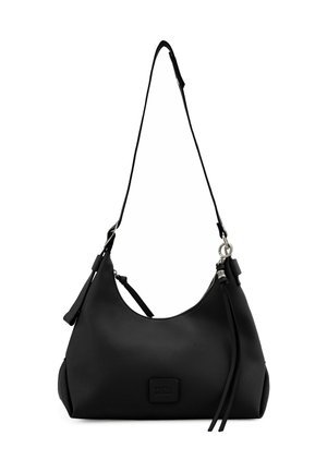Black leather shoulder bag with a curved design, zip closure, adjustable strap, and decorative tassels. Features a prominent brand logo.