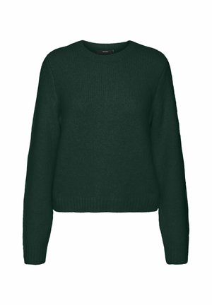Pull-over en tricot de couleur vert foncé, fait à partir d'un tissu doux, avec un col rond, des manches longues et un bord-côte au niveau de l'ourlet et des poignets.