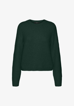 Temno zelena pulover iz mehkega pletenega materiala, z okroglo ovratnico, dolgimi rokavi in rebrastim robom na dnu in manšetah.
