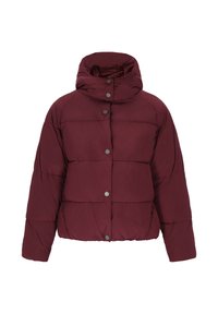 Bordeaux pufferjakke med høj krave, der har knaplukning, quiltet design og elastisk kant for en tætsiddende pasform.