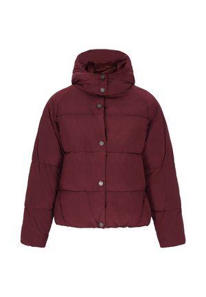 Burgundy puffer jacket with a high collar, featuring a button closure, quilted design, and elastic hem for a snug fit.