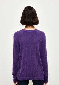 Lila Pullover aus weichem, flauschigem Material, mit einem runden Halsausschnitt, langen Ärmeln und einer lockeren Passform. Der Rücken hat eine glatte Textur.
