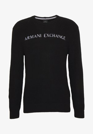 Svart stickad tröja med ribbat ärmslut och nederkant, med "ARMANI EXCHANGE" logotyp broderad i vitt över bröstet.