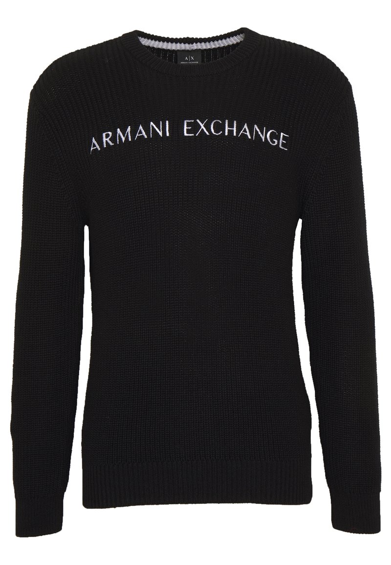 Czarny sweter dzianinowy z prążkowanymi mankietami i dołem, z haftowanym na białe konto logo "ARMANI EXCHANGE" na klatce piersiowej.