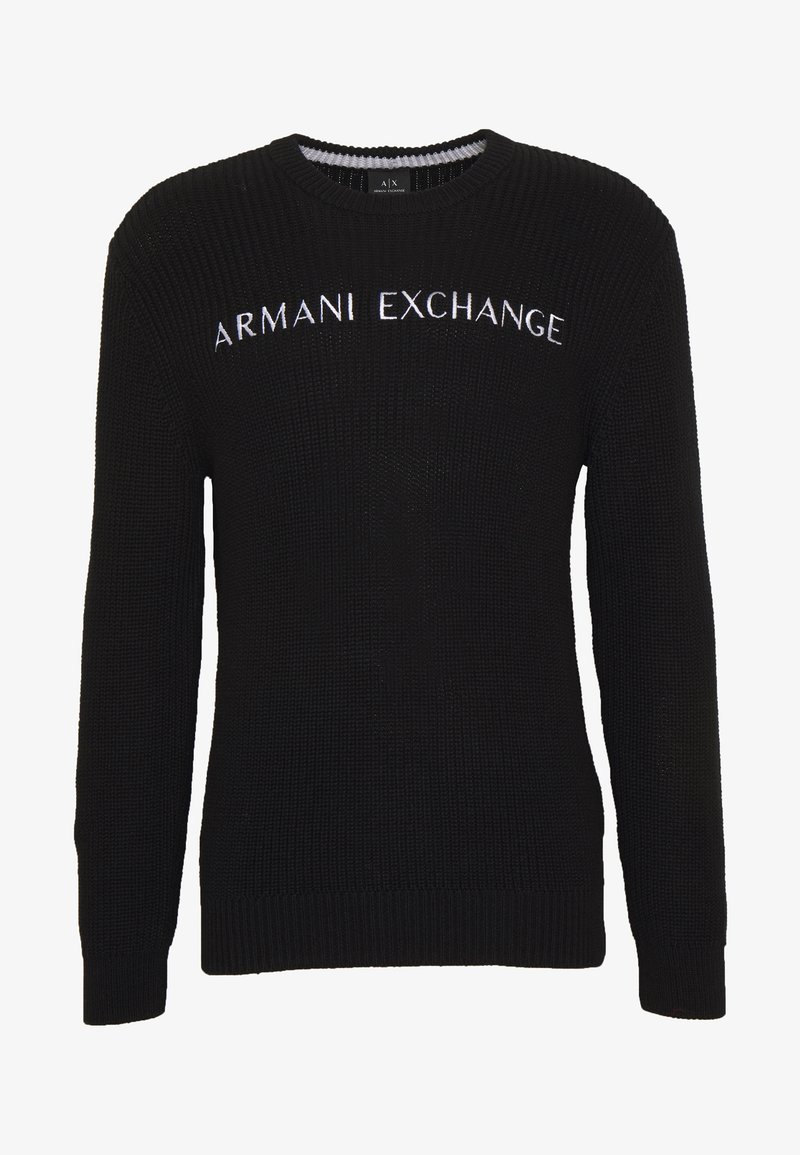 Czarny sweter dzianinowy z prążkowanymi mankietami i dołem, z haftowanym na białe konto logo "ARMANI EXCHANGE" na klatce piersiowej.