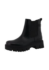 Botas Chelsea negras hechas de cuero suave, con paneles laterales elásticos texturizados, una suela de goma gruesa y con relieve, y un tirador para facilitar su uso.