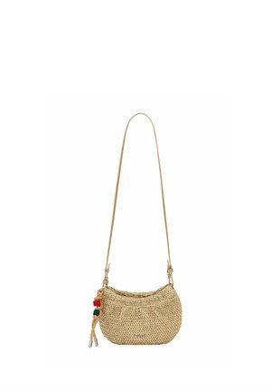 Kootud õlikiust õlakott beežis värvitoonis, ümmarguse kujuga, beežika rihma ja küljele kinnitatud värviliste kaunistuste ja hõbedaste detailidega.