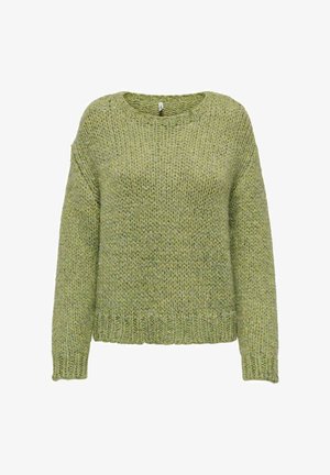 Maglione verde lavorato a maglia con una vestibilità rilassata, scollatura rotonda e maniche lunghe. Tessuto testurizzato e dettaglio a coste sull'orlo per un tocco di interesse in più.
