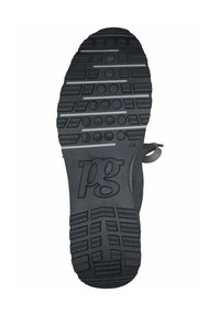 Semelle de chaussure en caoutchouc noir avec un motif de bande de roulement texturé comportant des points et des lignes en relief, étiquetée "pg" et taille 4½.
