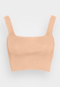 Top curto de malha canelada bege com alças largas e decote quadrado. Textura suave com um design justo, adequado para usar em camadas ou como peça isolada.