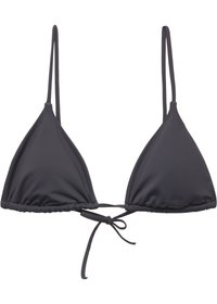 Top de bikini negru cu cupe triangulare, bretele ajustabile și închidere cu șnur la spate; material neted cu un luciu subtil.