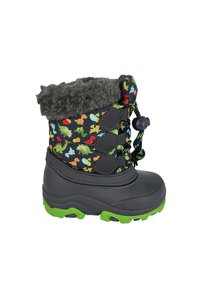 Kinderschnee Stiefel mit einem grauen Gummiboden, buntem Dinosaurierdruck auf dem Obermaterial, grauem, flauschigem Schaft und grüner Profilsohle.