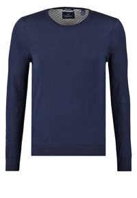 Granatowy sweter z długim rękawem, wykonany z lekkiego materiału. Posiada okrągły dekolt, ściągacze na dole i na rękawach, oraz subtelny wzór wewnętrzny.