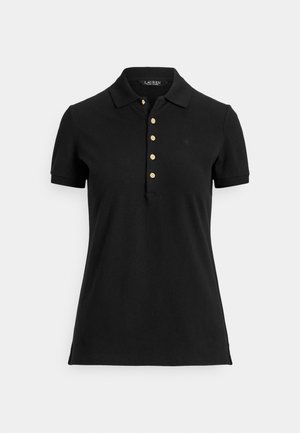 Juoda polo marškinėliai iš tekstūruotos medžiagos, turintys apykaklę, trumpas rankoves ir apatinę dalį su auksiniais mygtukais. Švelnus logotipo detalė ant krūtinės.