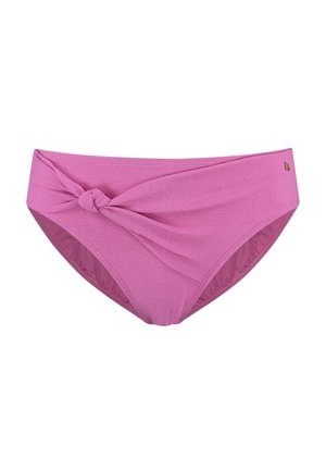 Roze bikinibroekje gemaakt van gestructureerde stof, met een knoopdetail aan de voorkant en een gladde voering, ontworpen voor een stevige pasvorm.