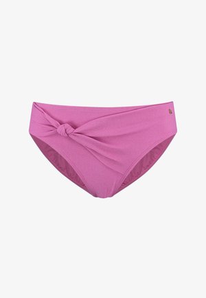 Pinkfarbener Bikiniunterteil aus strukturiertem Stoff mit einem verknoteten Detail vorne und einem glatten Futter, entworfen für einen sicheren Sitz.