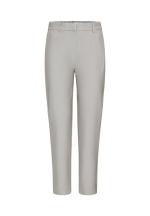 Light grey tapered trousers with a smooth, textured finish, featuring a waistband and no visible pockets.