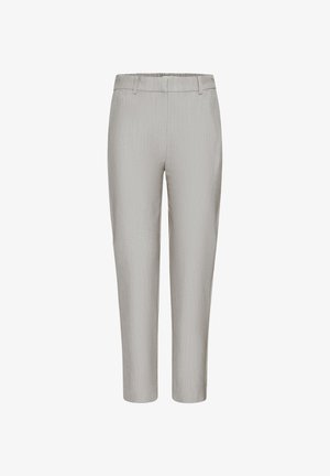 Light grey tapered trousers with a smooth, textured finish, featuring a waistband and no visible pockets.