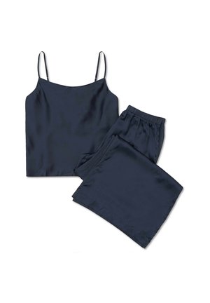 Granatowa satynowa kamizelka na cienkich ramiączkach w zestawie z dopasowanymi spodniami na elastycznym pasku, obie części o gładkiej, błyszczącej fakturze.