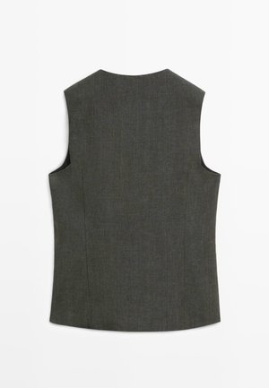 Dunkelgraue ärmellose Weste mit hohem rundem Ausschnitt, feinen Nahtdetails, von hinten auf weißem Hintergrund dargestellt.