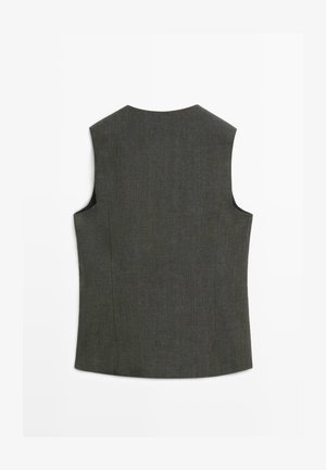 Veste sans manches gris foncé avec un col rond haut, détails subtils de couture, vue de dos sur fond blanc.