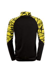 Zwart sportshirt met lange mouwen, voorzien van een geel geometrisch patroon op de schouders en mouwen. Zachte, rekbare stof en hoge kraag.