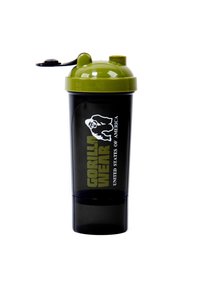 Zwarte shakerbeker met een groene deksel en bovenkant, voorzien van een logo en de tekst "GORILLA WEAR UNITED STATES OF AMERICA" op de body.