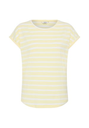 Short-sleeve crewneck T-shirt with horizontal white and pale yellow stripes, slightly curved hem, and relaxed fit.