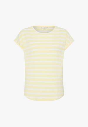 T-shirt z krótkim rękawem i okrągłym dekoltem, z poziomymi białymi i jasnżółtymi paskami, lekko zaokrąglonym dołem i luźnym krojem.