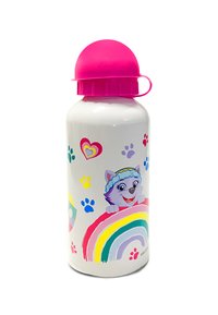 Bouteille d'eau en métal blanc avec un couvercle rose vif, ornée d'un chat en dessin animé et d'un design arc-en-ciel, agrémentée d'empreintes colorées de pattes et de cœurs.