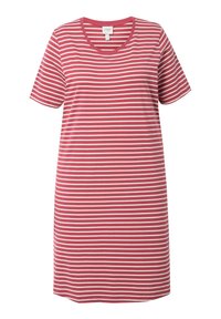 Stribet t-shirt kjole i rød og hvid, korte ærmer, rund halsudskæring, bomuldsmateriale, afslappet pasform, horisontale striber jævnt fordelt.