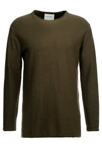 Maglietta a maniche lunghe di un verde scuro realizzata in tessuto a costine con scollo rotondo e dettagli di cucitura discreti lungo le maniche e l'orlo.