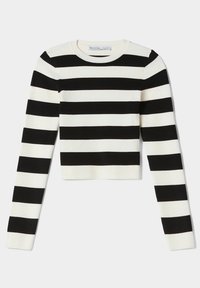 Pull court à manches longues rayé noir et blanc, texture côtelée, encolure ronde, larges rayures contrastantes, fabriqué en tissu doux.