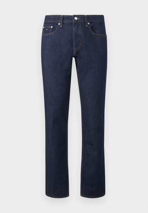 Jeans de mezclilla azul oscuro de pierna recta con cinco bolsillos y costuras naranjas visibles, cierre de botón en la cintura.