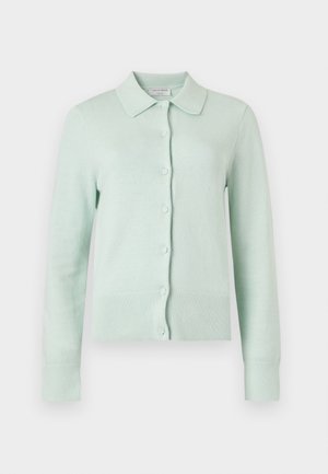 Kvinde med langt mørkt hår iført lysegrøn cardigan med knapper, hvid skjorte, brede hvide bukser og beige spidse sko, stående mod hvid baggrund.