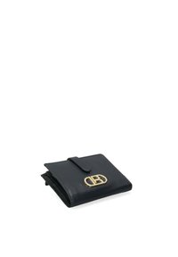 Black leather wallet with a gold logo accent, featuring a fold-over flap and stitched edges, compact design, smooth texture.