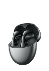 Kabellose Ohrhörer in einem runden, matten grauen Ladeetui. Die Ohrhörer haben eine glatte Oberfläche, einen kleinen Mikrofonpunkt und eine ergonomische Form.