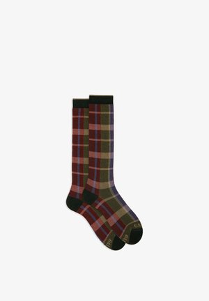 Knee-length socks in a multi-colored plaid pattern featuring red, green, and blue hues, with a dark green ribbed cuff and toe accents.