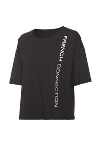 T-shirt noir court en coton. Présente une coupe décontractée, des manches courtes et un texte blanc "FRENCH CONNECTION" verticalement le long du côté.