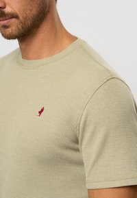 Cămașă cu mânecă scurtă, de culoare verde măsliniu deschis, texturată, cu guler rotund și un mic logo roșu brodat pe piept. Model discret în carouri.