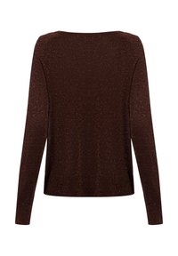 Brauner, langärmliger Strickpullover mit lockerer Passform, ausgestattet mit einem dezenten metallischen Glanz und geripptem Saum. Die Rückansicht zeigt einen weit geschnittenen Halsauschnitt und ein einfaches Design.