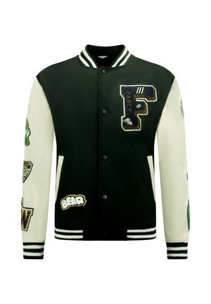 Zwart-witte varsityjas met geborduurde patches, gestreepte kraag en manchetten, drukknoopsluiting aan de voorkant en zakken aan beide zijden.